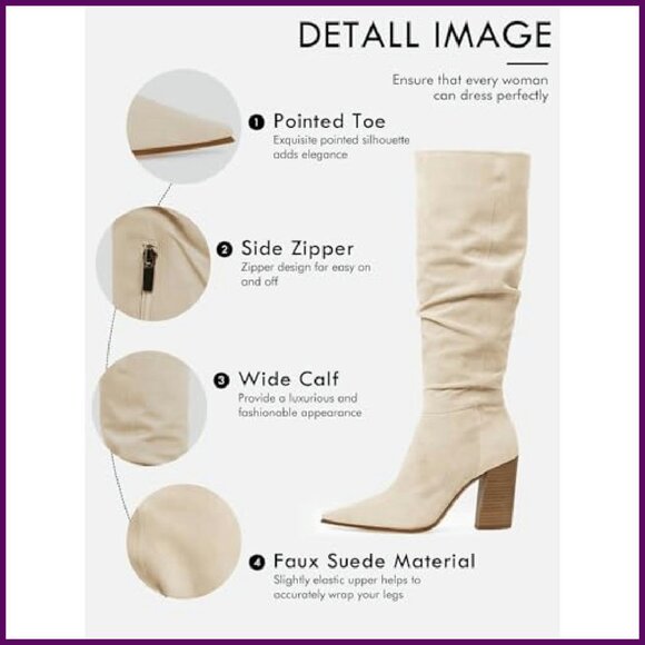 Women's Faux Suede Knee High Boots Pointed Toe Chunky Heel Side Zipper - Picture 6 of 8